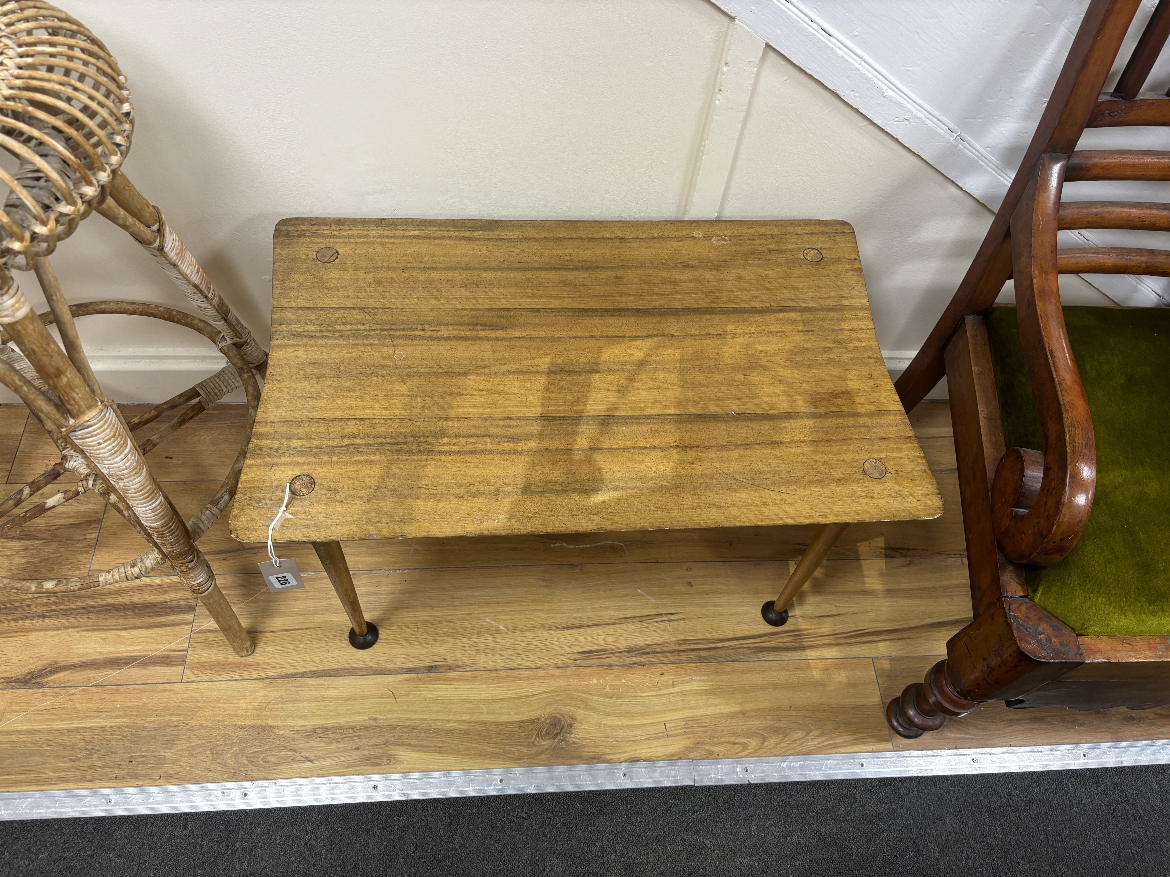 In the manner of Morris, Glasgow, a mid century walnut low table, width 75cm, depth 45cm, height 44cm